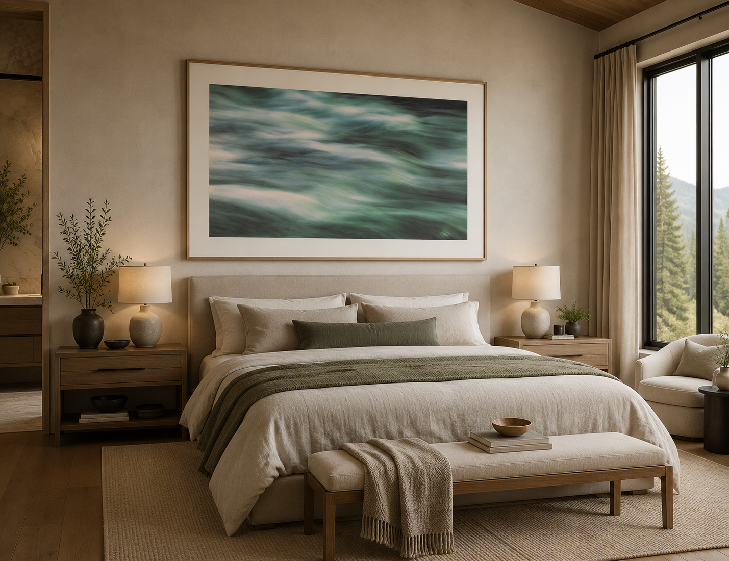 Soft abstract water artwork above a bed in a calm bedroom interior
